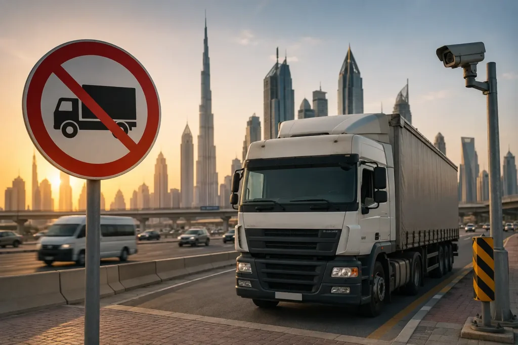 No trucks allowed sign in the foreground with a white semi-truck on a city highway at sunset.